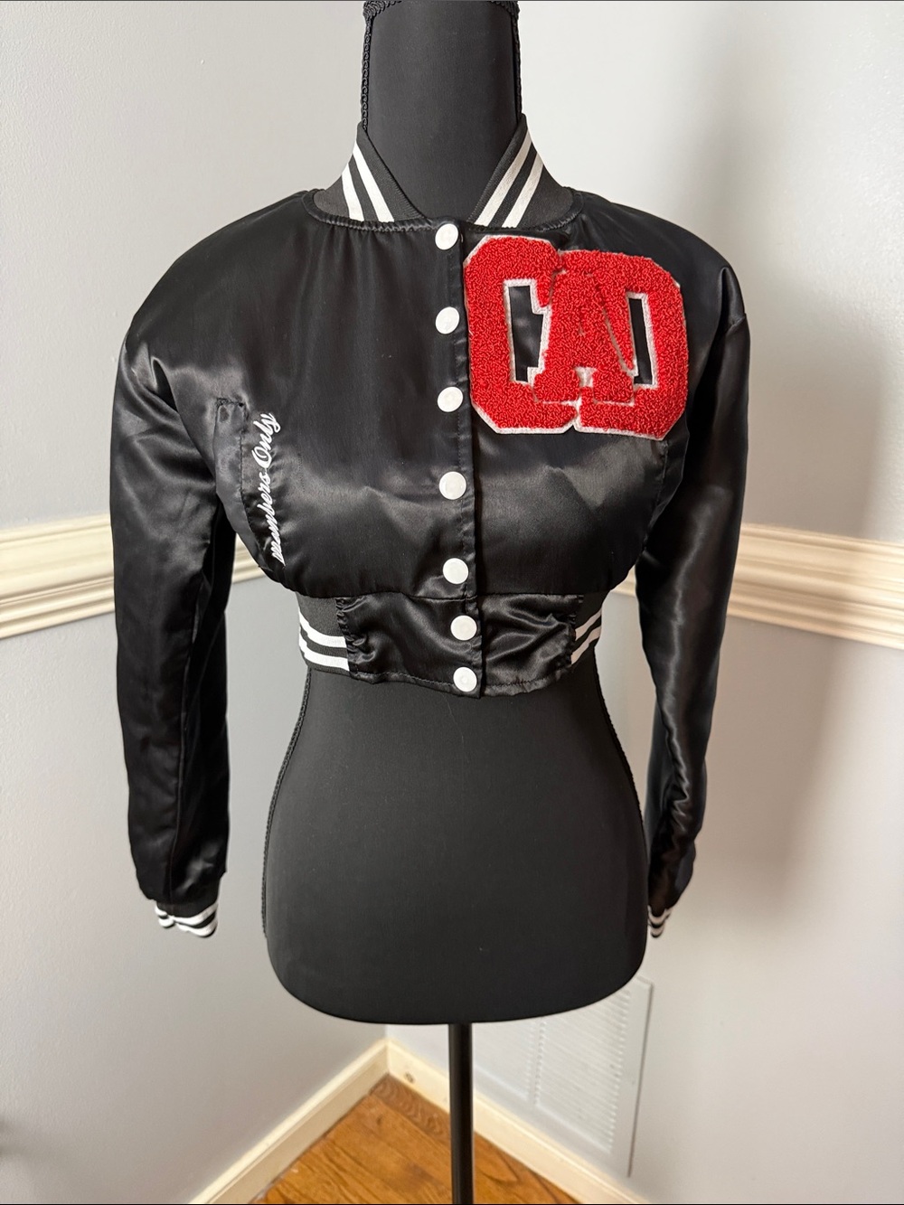 Black Satin Cropped Varsity Jacket with Red Chenille Patch